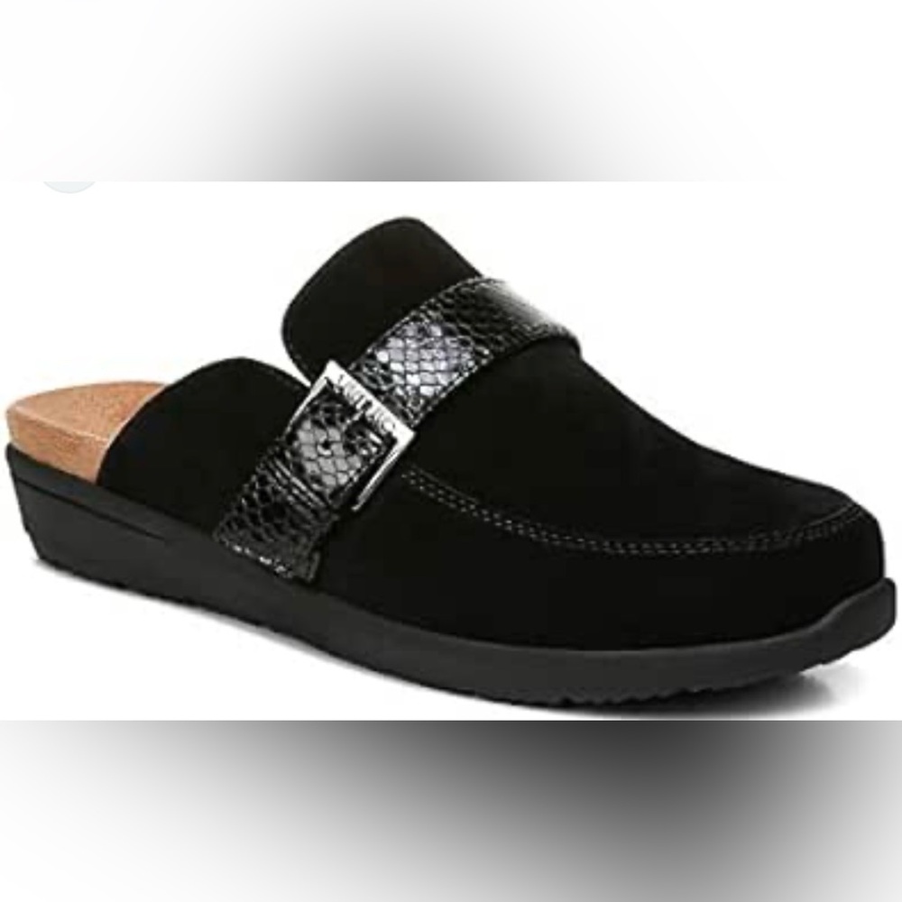 Vionic Black Suede Slip-On Mule with Textured Buckle